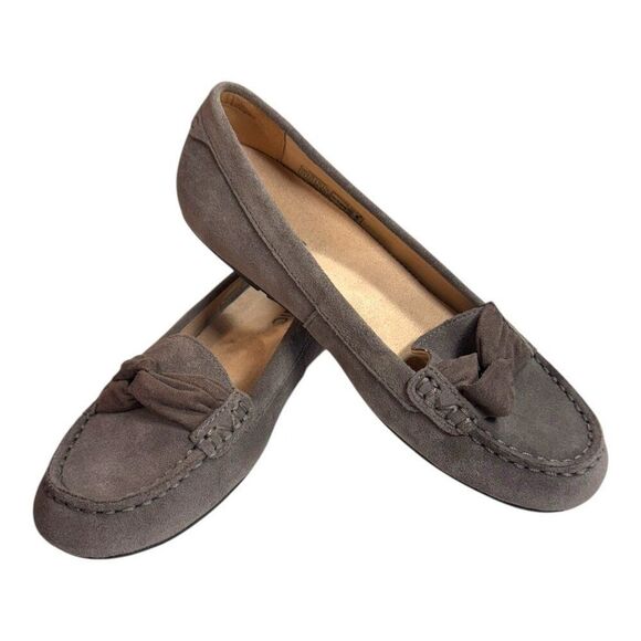 Vionic Womens Suede Moccasin Flats 7.5 Gray Slip-On Comfort Shoes Bow Accent - Picture 1 of 13